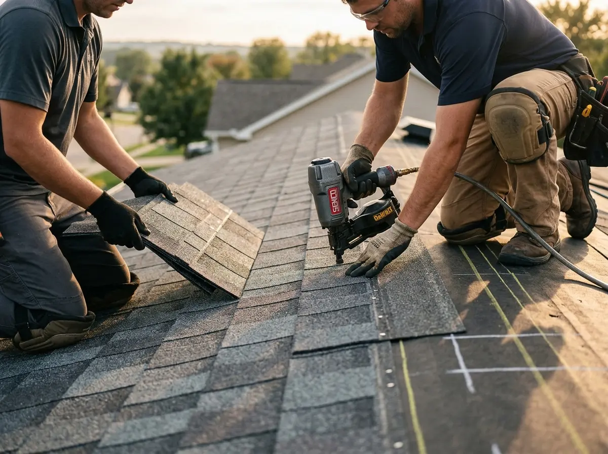 Professional roofer working on a residential roof in Bronxville